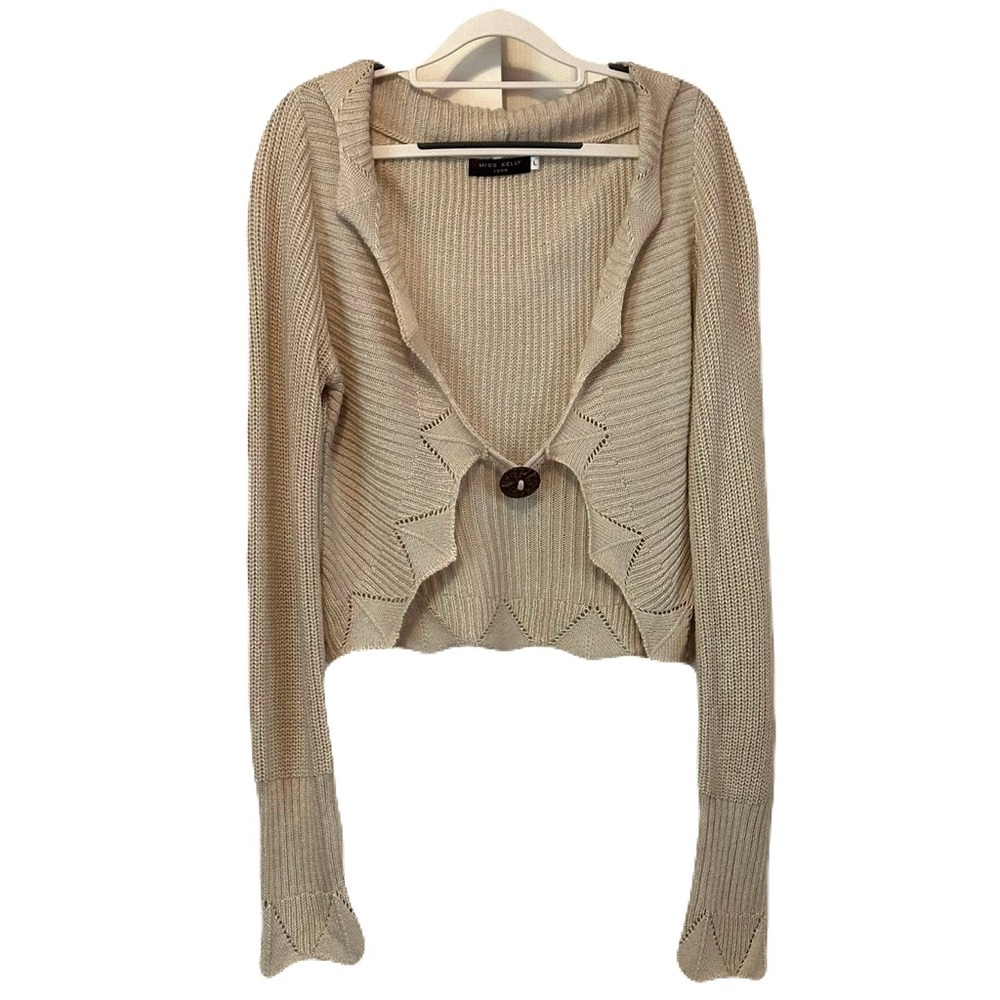 MISS KELLY 1999 Ribbed Crochet Boho Tan Cardigan Sweater Size L